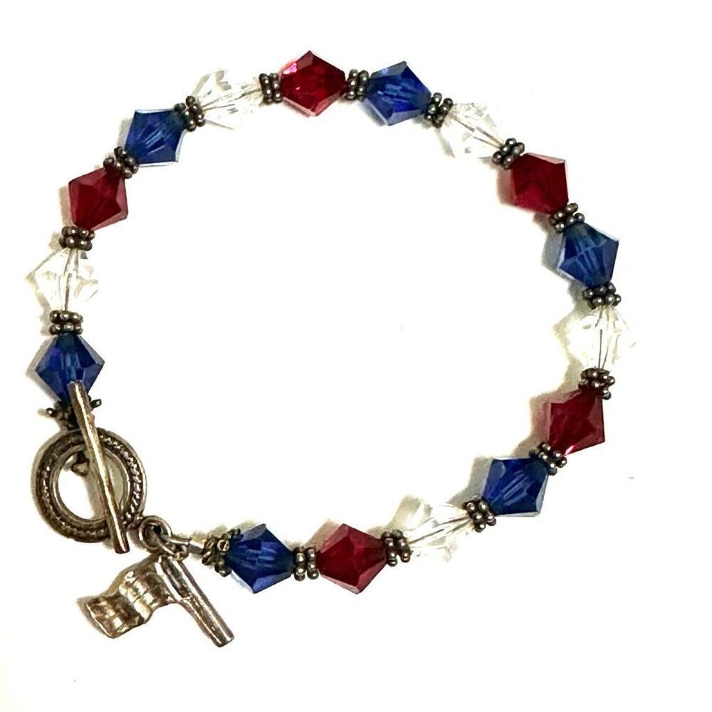Sterling silver Patriotic Red White Blue Crystal Beaded Bracelet